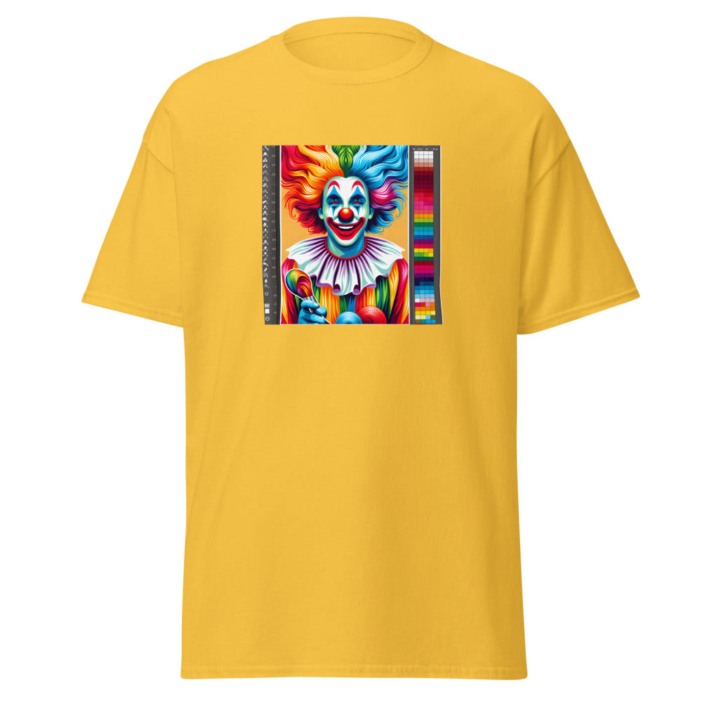 Clown painted in vibrant rainbow colors