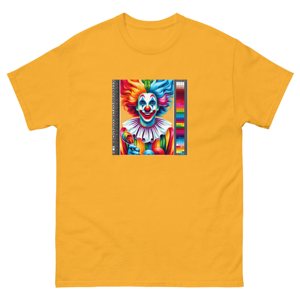 Clown painted in vibrant rainbow colors