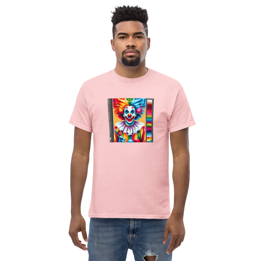 Clown painted in vibrant rainbow colors