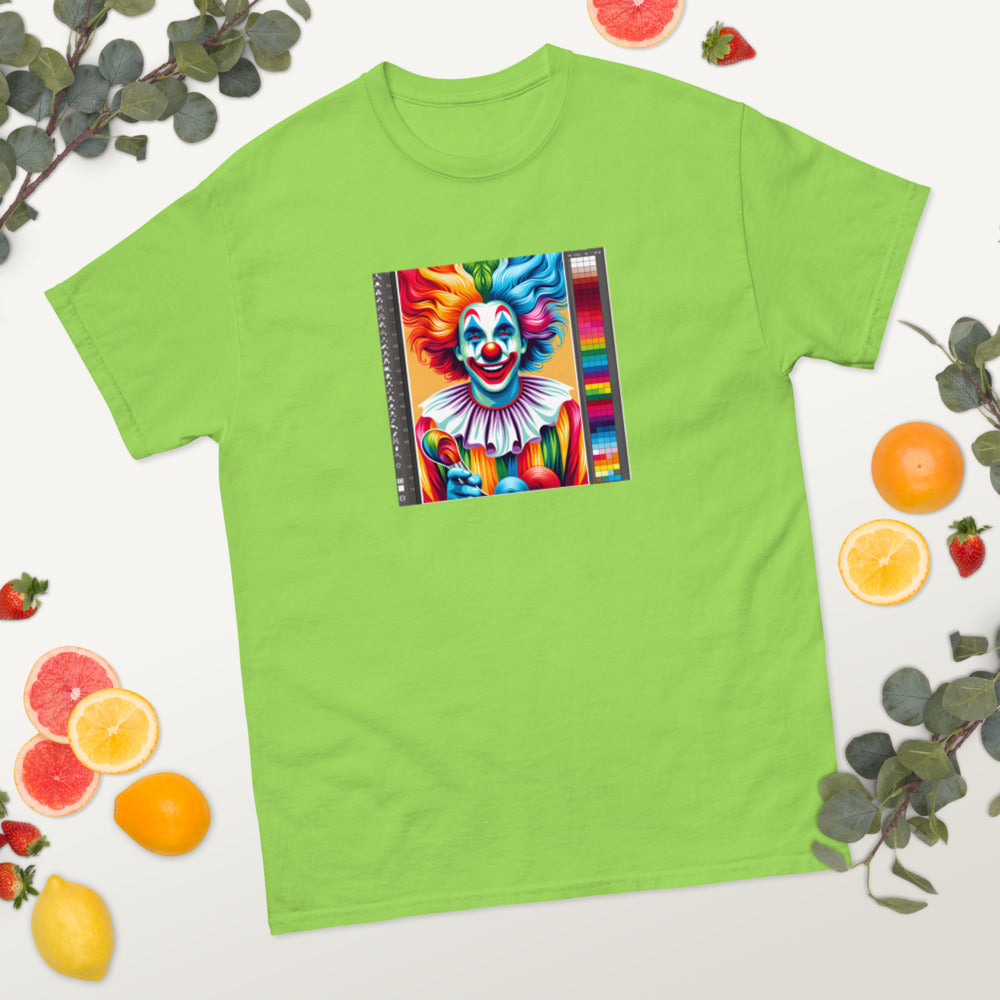 Clown painted in vibrant rainbow colors