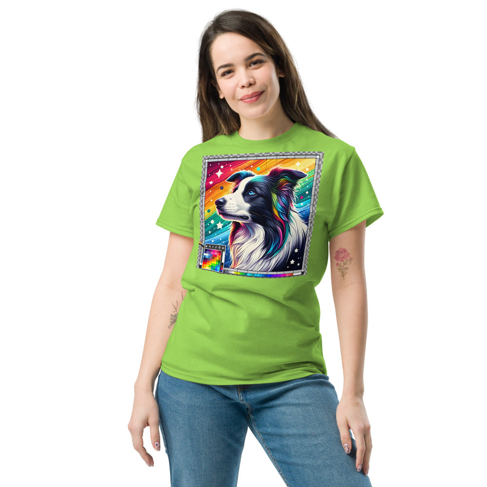 Border Collie head in painting style with rainbow colors and stars