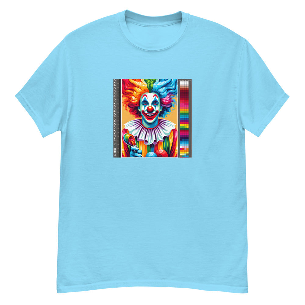 Clown painted in vibrant rainbow colors