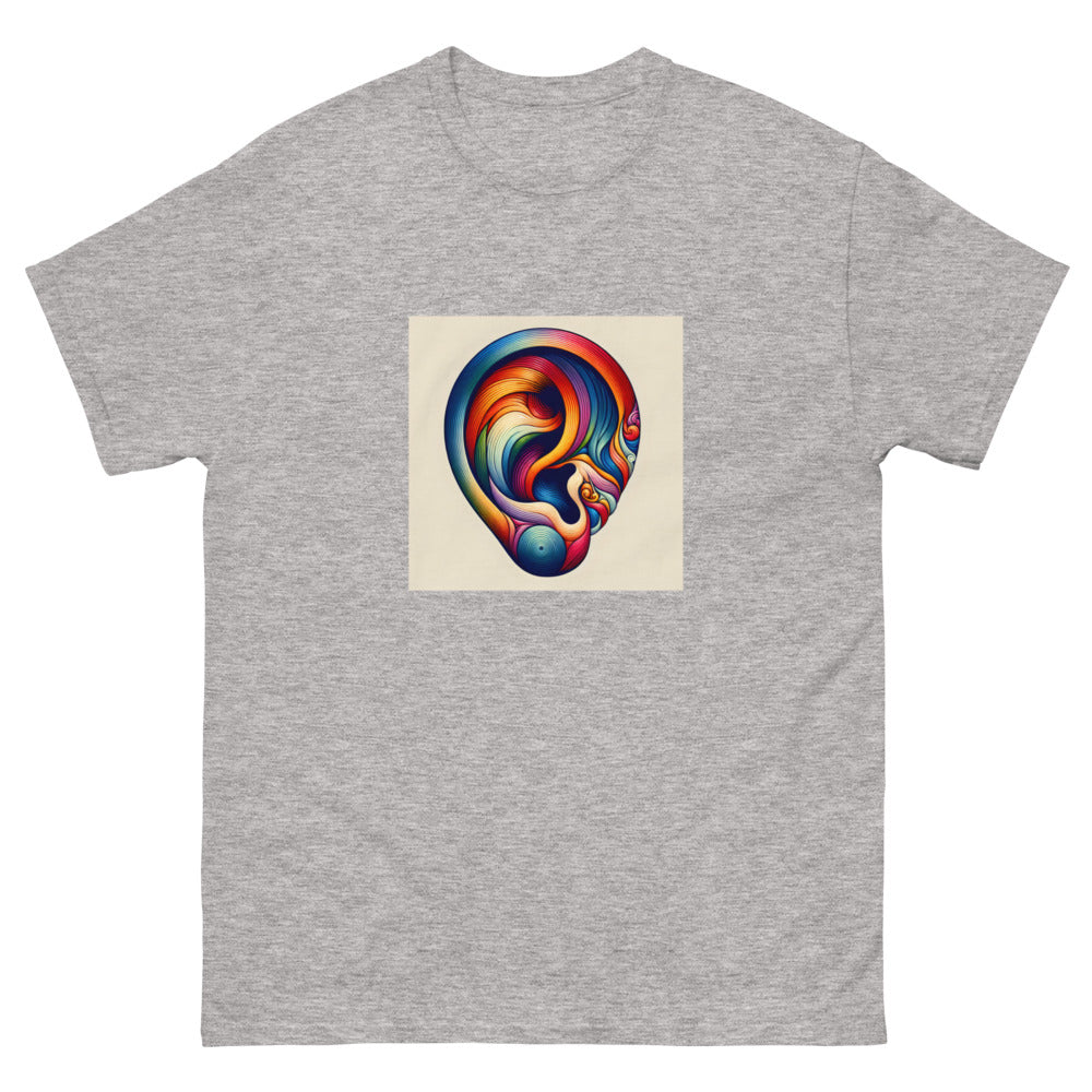 Human ear painting in vibrant rainbow colors