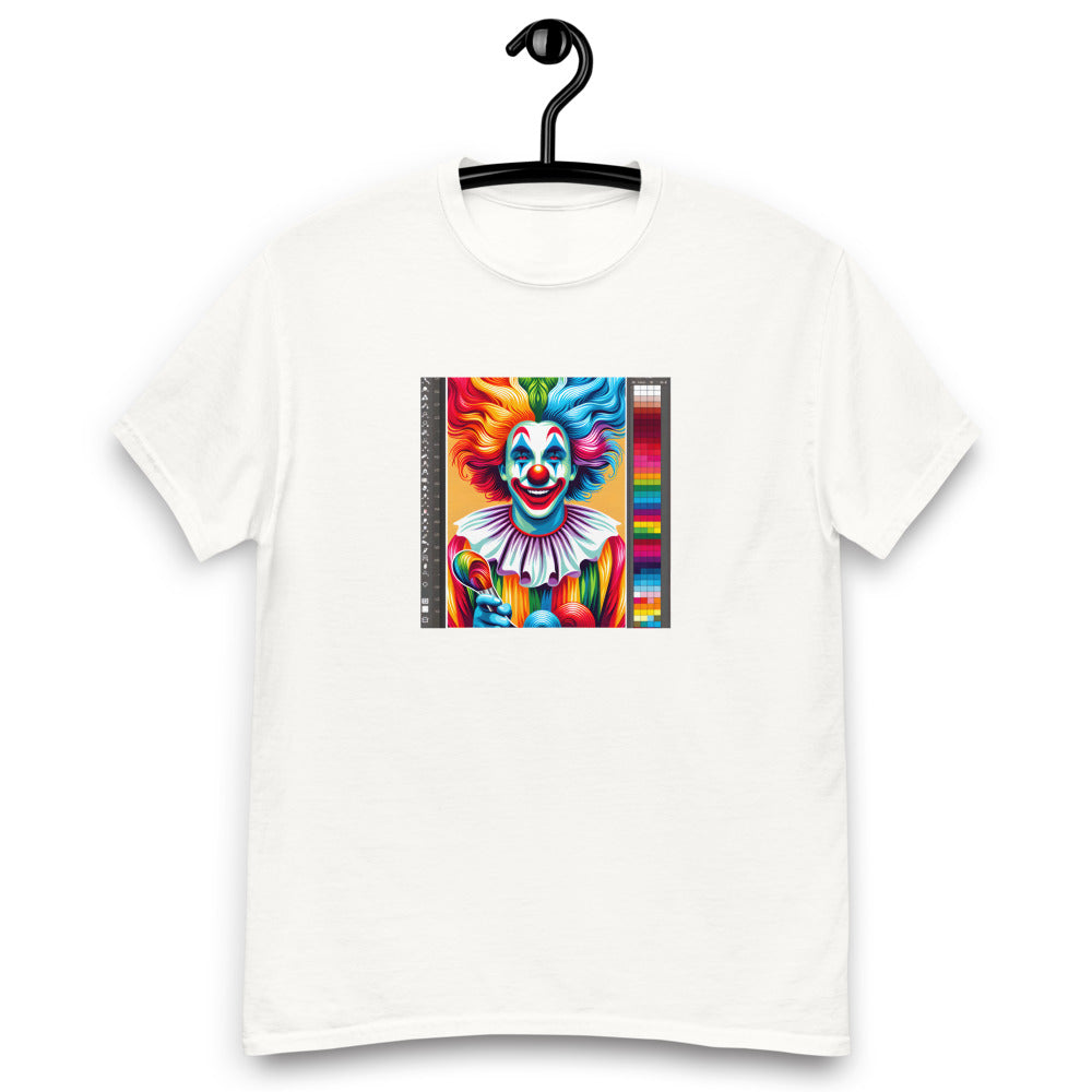 Clown painted in vibrant rainbow colors